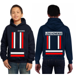 Kinder-Hoodie navy, LÖSCHZWERGE with red and silver Bestreifung