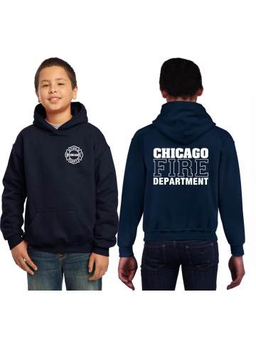 Kinder-Hoodie blu navy, CHICAGO FIRE DEPTARTMENT, nel bianco
