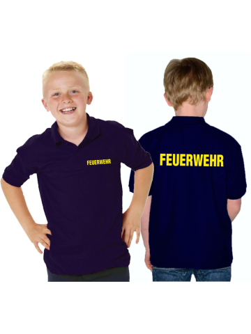 Kinder-Polo navy, FEUERWEHR beidseitig in neonyellow