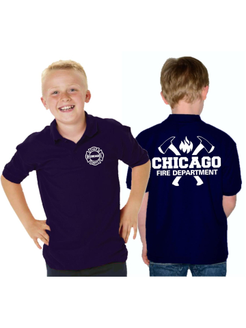 Kinder-Polo blu navy, CHICAGO FIRE DEPT. con assin e Flamme nel bianco