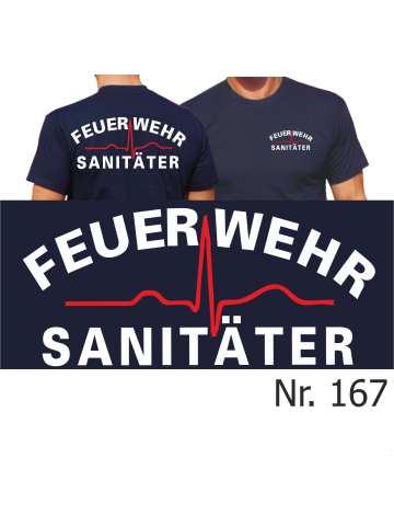 T-Shirt azul marino, FEUERWEHR Sanitäter (blanco/rojo)