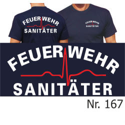 T-Shirt marin, FEUERWEHR Sanit&auml;ter (blanc/rouge)