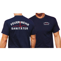 T-Shirt marin, FEUERWEHR Sanit&auml;ter (blanc/rouge)