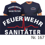 T-Shirt azul marino, FEUERWEHR Sanitäter (blanco/rojo)