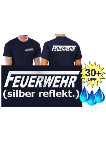 Functional-T-Shirt navy with 30+ UV-Protection, FEUERWEHR with long "F" silver-reflekt.