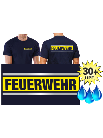 Fonctionnel-T-Shirt marin avec 30+ UV-protection, FEUERWEHR argent/neonjaune/argent