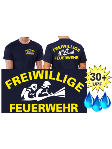 Funktions-T-Shirt navy mit 30+ UV-Schutz, FFW neongelb/weiss AGT