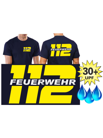 Funzionale-T-Shirt blu navy con 30+ UV-protezione, 112 con FEUERWEHR, neongiallo/argento