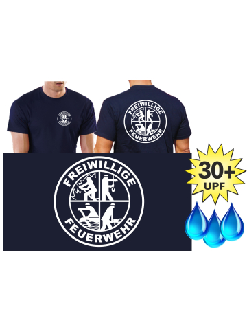 Funzionale-T-Shirt blu navy con 30+ UV-protezione, FF bianco/Logo bianco