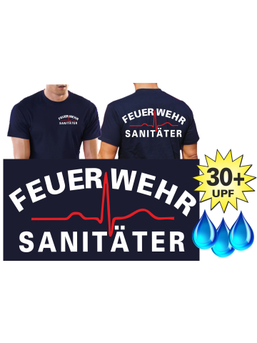 Funktions-T-Shirt navy mit 30+ UV-Schutz, Feuerwehr Sanitäter (weiss/rot)