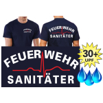 Funktions-T-Shirt navy mit 30+ UV-Schutz, Feuerwehr Sanitäter (weiss/rot)
