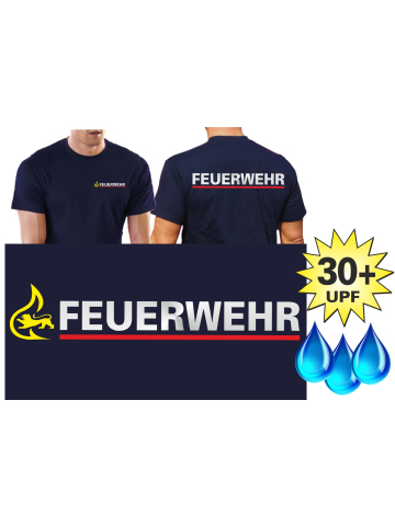 Functional-T-Shirt navy with 30+ UV-Protection, BaWü with Stauferlöwe nach VwV, FEUERWEHR silver with red stripe hinten