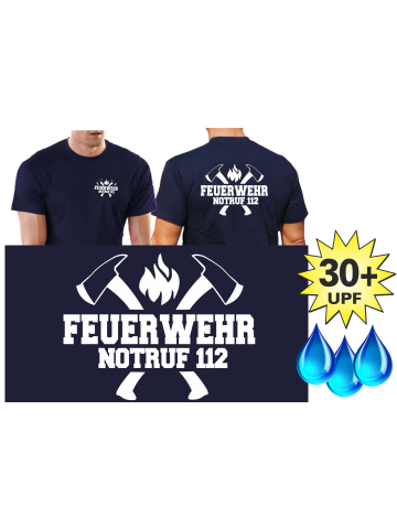 Funktions-T-Shirt navy mit 30+ UV-Schutz, FEUERWEHR NOTRUF 112 mit Äxten, in weiß