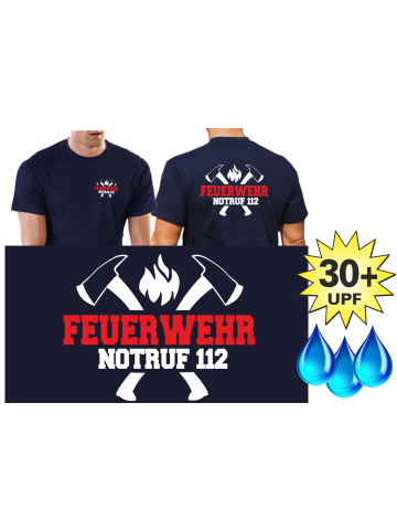 Funktions-T-Shirt navy mit 30+ UV-Schutz, FEUERWEHR NOTRUF 112 mit Äxten (weiß/rot)