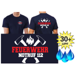 Funktions-T-Shirt navy mit 30+ UV-Schutz, FEUERWEHR NOTRUF 112 mit Äxten (weiß/rot)