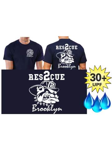 Functional-T-Shirt navy with 30+ UV-Protection, Resc. 2 fire fighting bulldog