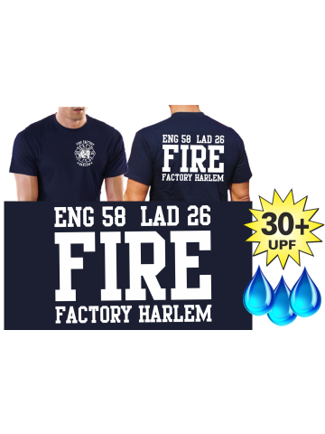 Funzionale-T-Shirt blu navy con 30+ UV-protezione, NY City FD, Fire Factory Harlem