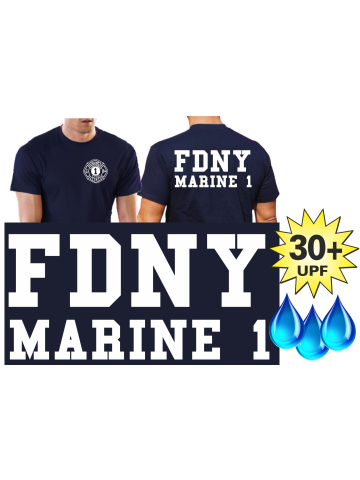 Funcional-T-Shirt azul marino con 30+ UV-proteccion, New Yorker Feuerwehr, Marine 1, Manhattan, (blancoe fuente)