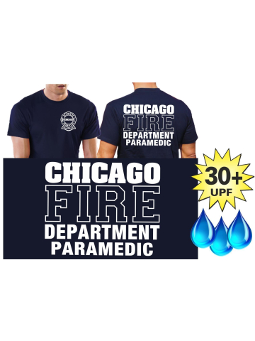 Funcional-T-Shirt azul marino con 30+ UV-proteccion, Chicago Fire Dept., PARAMEDIC, blanco fuente