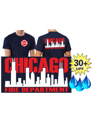Funcional-T-Shirt azul marino con 30+ UV-proteccion, Chicago Fire Dept. con zweifarbiger Skyline (blanco/rojo)