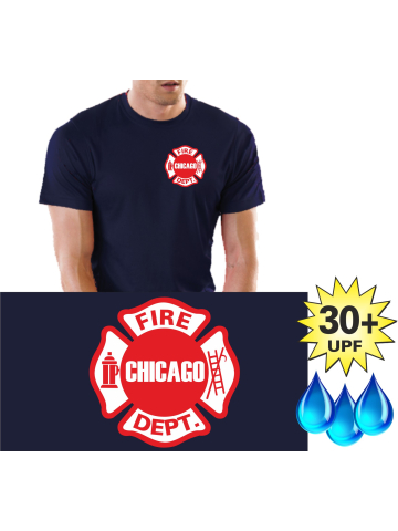 Funcional-T-Shirt azul marino con 30+ UV-proteccion, Chicago Fire Dept., Standard-Emblem auf der Brust