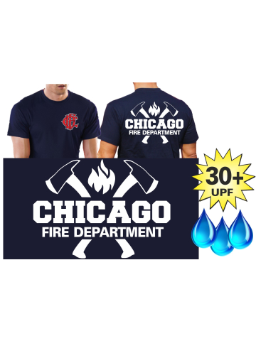 Funktions-T-Shirt navy mit 30+ UV-Schutz, Chicago Fire Dept. mit Äxten und CFD-Emblem