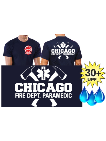 Funzionale-T-Shirt blu navy con 30+ UV-protezione, Chicago Fire Dept. con assin, Paramedic, zweifarbig