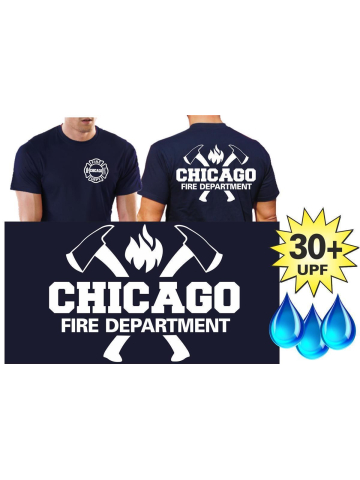 Functional-T-Shirt navy with 30+ UV-Protection, Chicago Fire Dept. with axes and Standard-Emblem