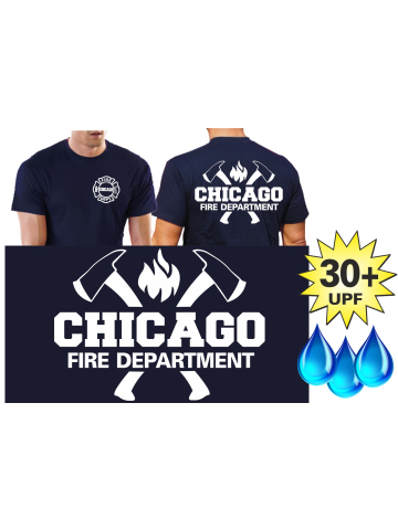Funzionale-T-Shirt blu navy con 30+ UV-protezione, Chicago Fire Dept. con assin e Standard-Emblem