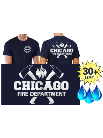 Funcional-T-Shirt azul marino con 30+ UV-proteccion, Chicago Fire Dept. con ejes y Standard-Emblem, plata Edition
