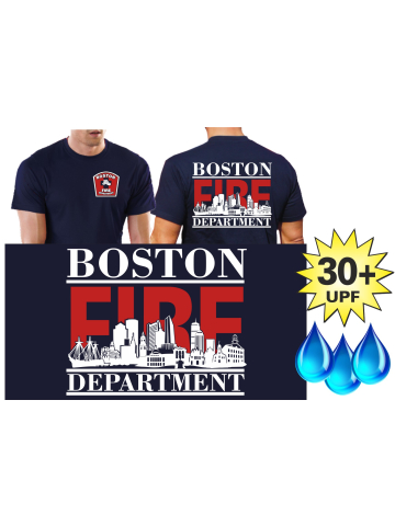 Funktions-T-Shirt navy mit 30+ UV-Schutz, Boston Fire Dept. mit Boston-Skyline (rot/weiss)