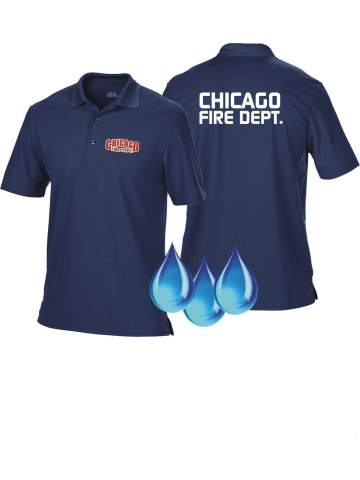 Funcional-Polo azul marino, Chicago Fire Dept., Brustdruck rojo/blanco + Rückendruck modern en blanco