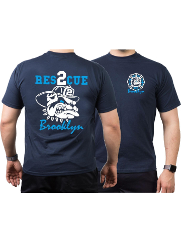 T-Shirt navy, RES-2-CUE Brooklyn, fire fighting bulldog, bicolor