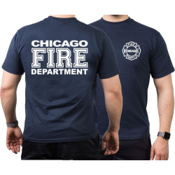 CHICAGO FIRE Dept. full white font, navy T-Shirt