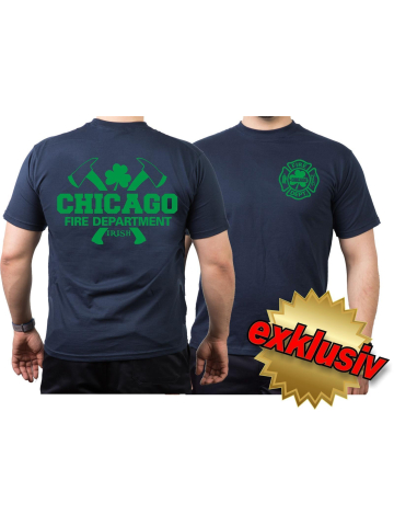 CHICAGO FIRE Dept. axes and IRISH Shamrock, green, azul marino T-Shirt