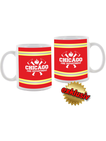 Tasse: "CHICAGO FIRE DEPARTMENT", amarillo-plata-amarillo auf rojo con ejes (1 Stück)