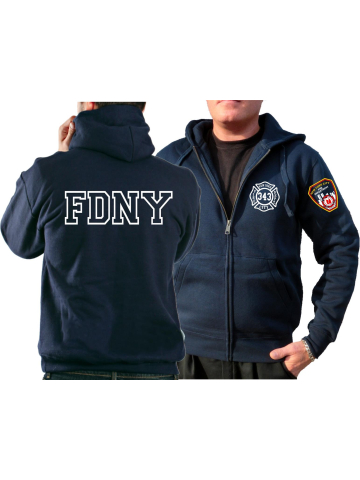 Chaqueta con capucha azul marino, New York City Fire Dept. con Emblem auf em mangay Brustlogo 343, Outline-fuente auf dem Rücken