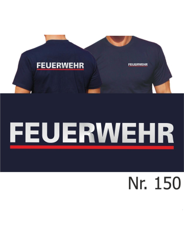 T-Shirt azul marino, FEUERWEHR plata con rojo banda