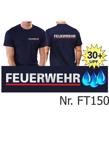 Funktions-T-Shirt navy mit 30+ UV-Schutz, FEUERWEHR silber mit rotem Streifen