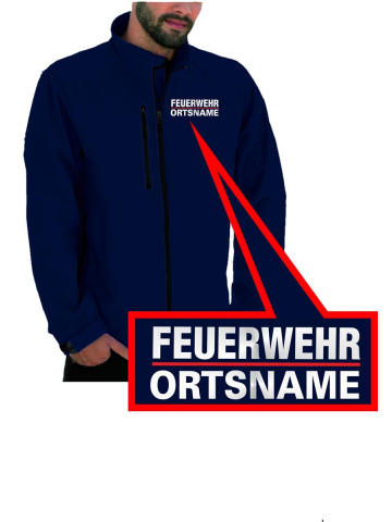 Softshelljacke navy, FEUERWEHR+ORTSNAME "A" mit rotem Streifen, nur auf der Brust