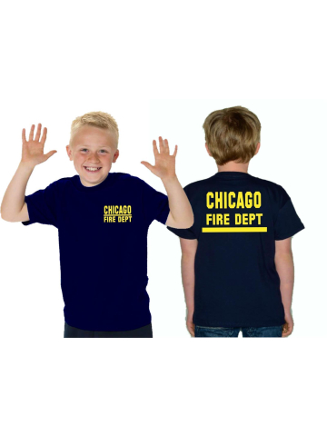 Kinder-T-Shirt blu navy, CHICAGO FIRE DEPT. con striscia, neongiallo
