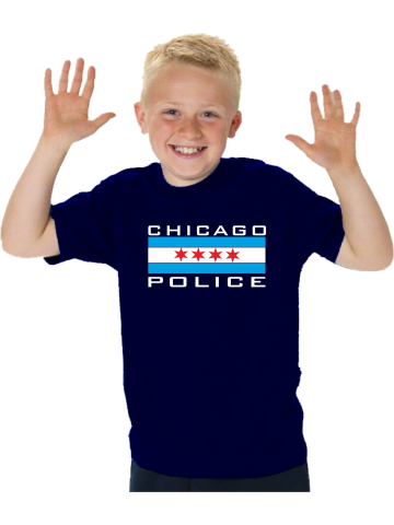 Kinder-T-Shirt marin, CHICAGO POLICE dans blanc avec blau et rouge