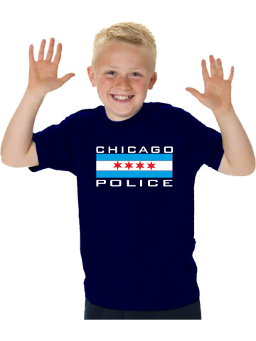 Kinder-T-Shirt navy, CHICAGO POLICE in weiss mit blau und rot 152