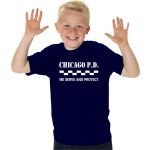 Kinder-T-Shirt blu navy, CHICAGO P.D "We serve and prossoect" nel bianco 104