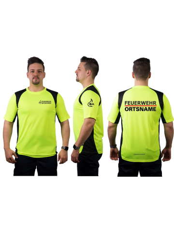Laufshirt neonjaune, FEUERWEHR nom de lieu + Stauferlöwe, respirant