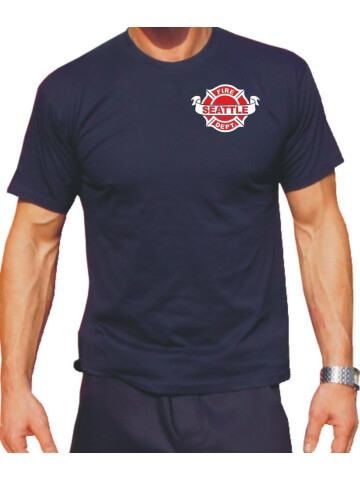 T-Shirt blu navy, Seattle Fire Dept. Brustdruck zweifarbig 3XL