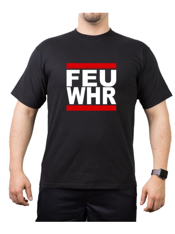 T-Shirt noir, "FEU WHR" (Feuerwehr) red/white/red