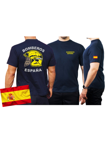 T-Shirt/Camiseta (marin/azul) BOMBEROS ESPAÑA, casco amarillo, bandera española