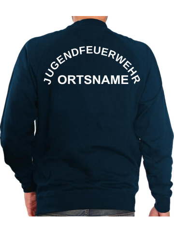 Sweat navy, font "MJ" JUGENDFEUERWEHR im Halbbogen with place-name