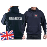 Hoodie navy, Fire & Rescue with Emblem on front